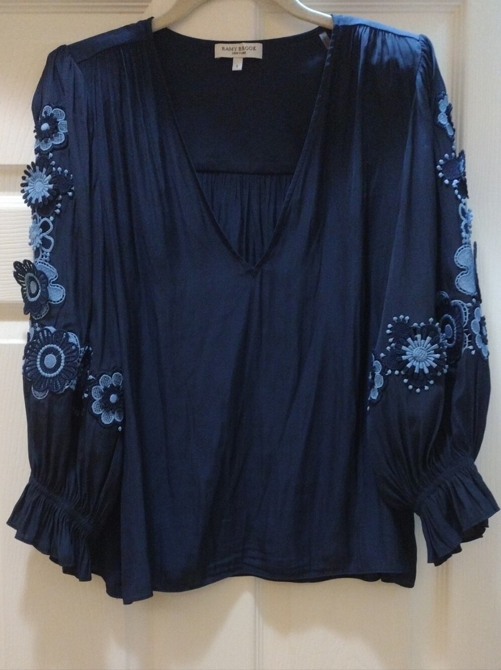 Ramy Brook Navy V-Neck Applique Flowers Blouse
